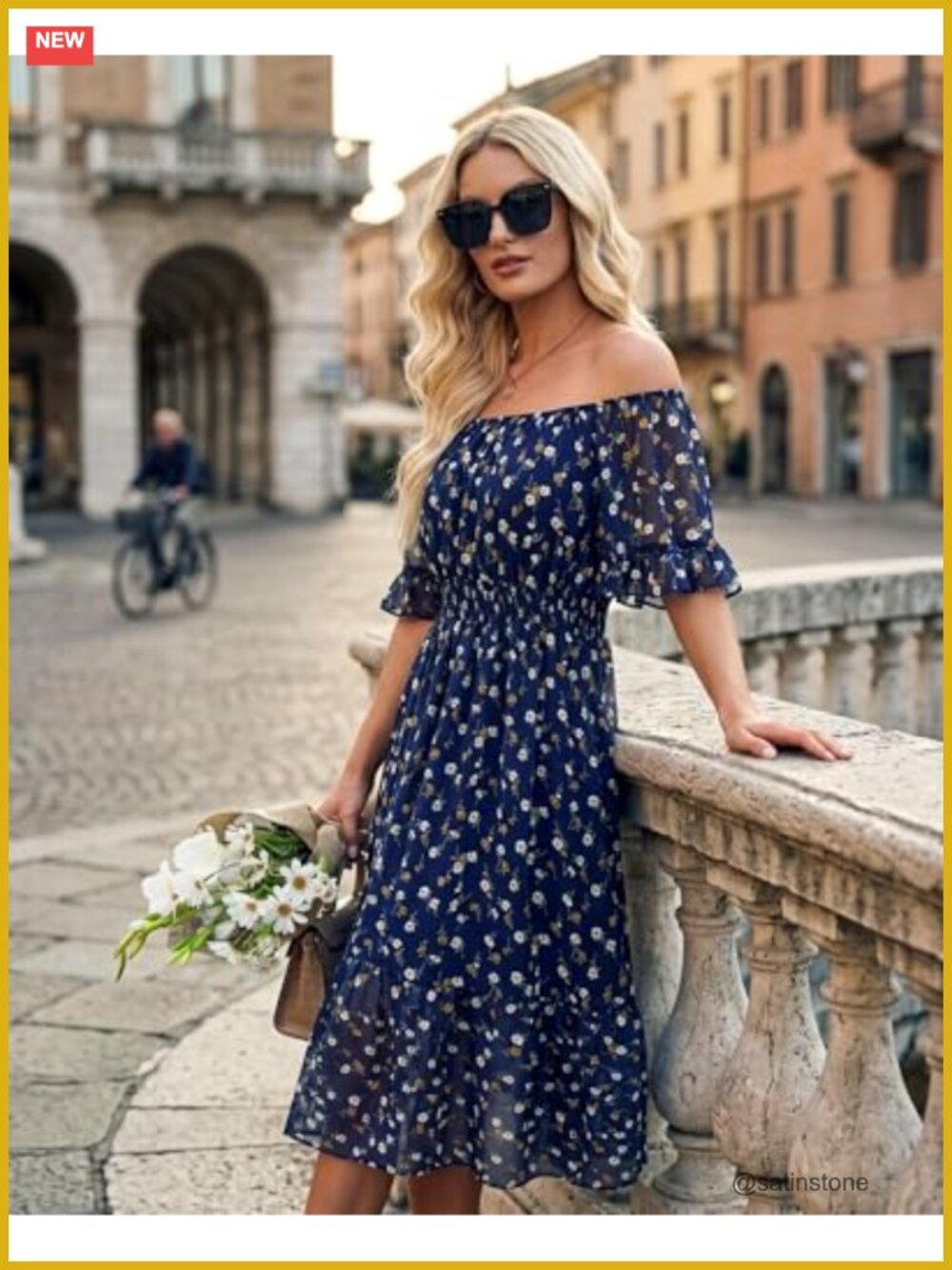 Boho Off Shoulder Midi Dress Ruffle Sleeve Smocked Waist Flowy Chiffon - Picture 3 of 5